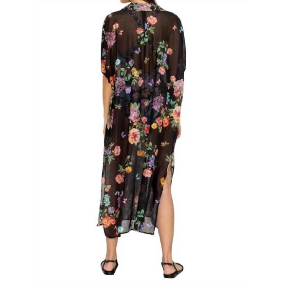 NEW JOHNNY WAS butterfly collared kaftan coverup in black multi - Picture 2 of 3